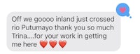 a text message that reads off good island just crossed rutina thank you so much for your work getting here